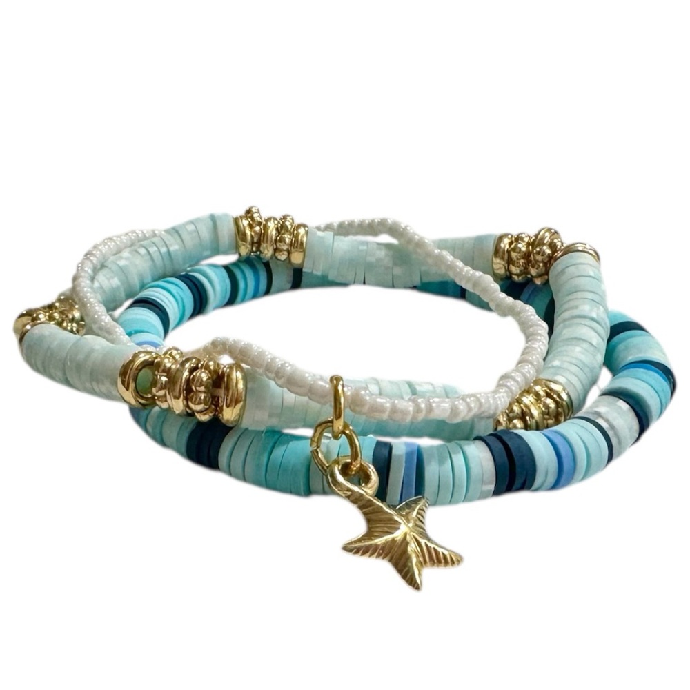Handmade Gold and Blue Heishi Beaded Bracelet Set